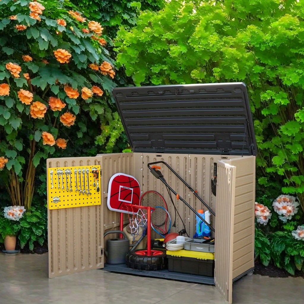 

Outdoor Horizontal Storage Sheds W/ O Shelf, 35 Cu Ft Lockable Resin Waterproof Shed, Ideal For Garden Tools, Easy To Assemble