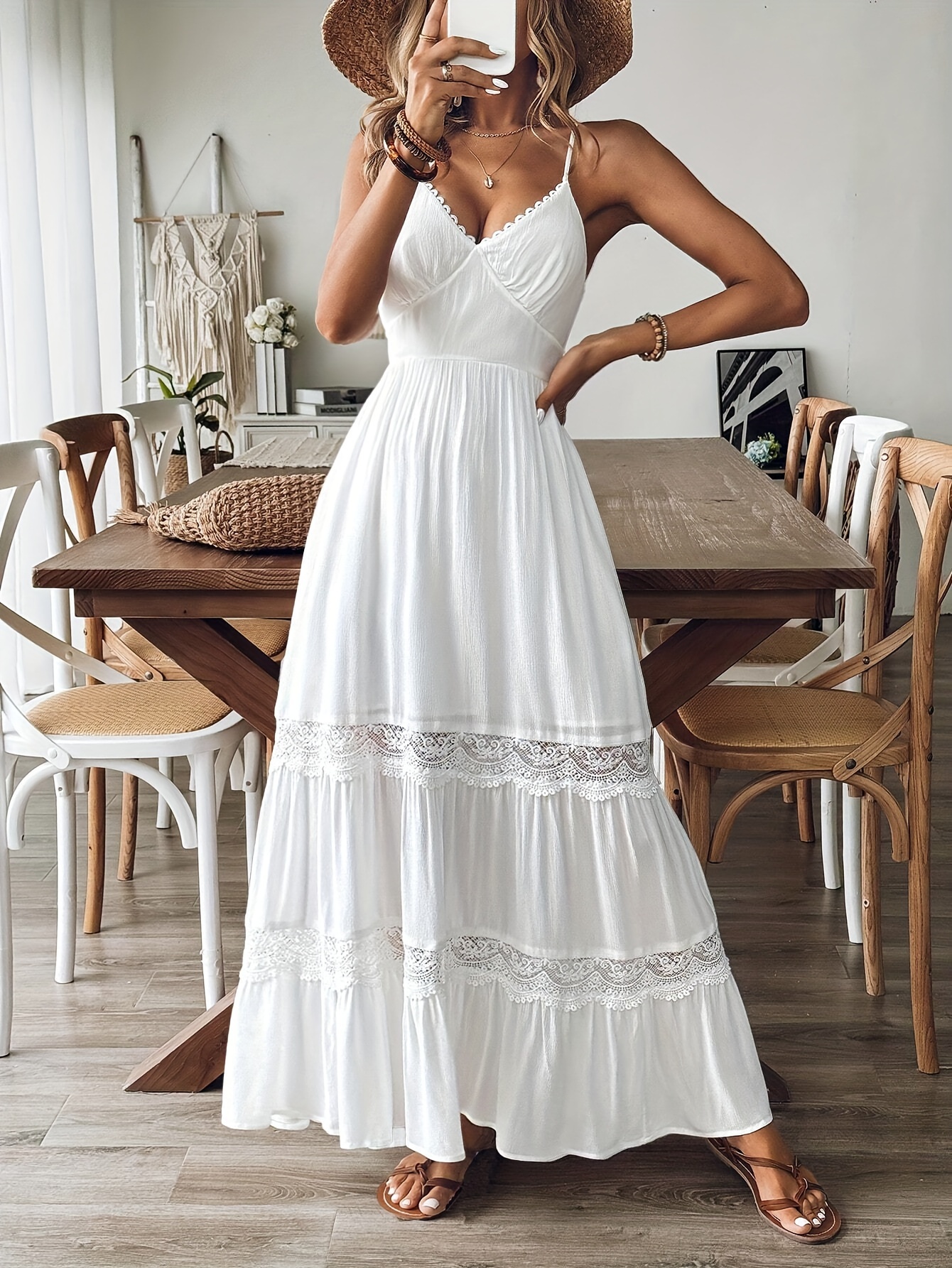 elegant v neck flowy maxi dress lace splicing tie back - Temu