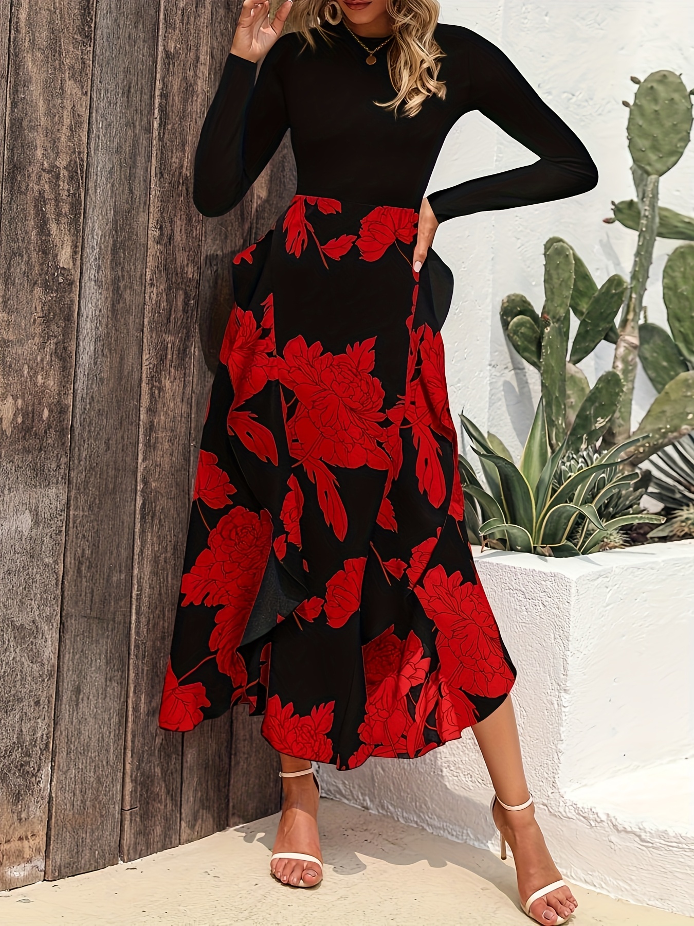 Women'S Elegant Floral maxi dress - Long Sleeve A-Line Formal & casual party gown, Black & Floral Print, for Weddings, Cocktail Events, Everyday Outfits - ZD0529107, Dresses for Wedding Guest, Wedding Guest Attire, Round Neckline, Flowy Skirt Style, Evening Wear, Lightweight Fabric, Bridal Guest Outfit