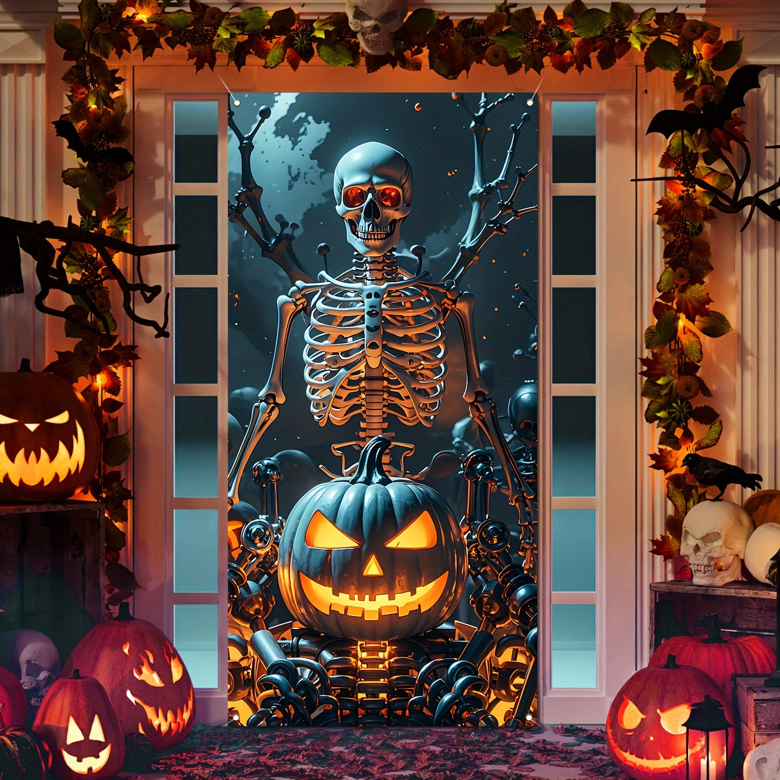 

Spooky Skeleton & Pumpkin Door Banner - 35.4"x70.8" Horror-themed Window And Door Cover, Perfect For Home And Garden Decor