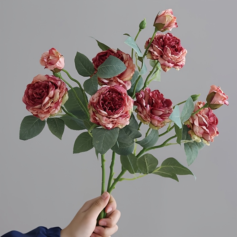Image of 3pcs Set Of New Style Simulated 3-head Burnished Edge Roses, Artificial Flower Arrangement For Living Room, Dining Table, Tv Cabinet Decoration