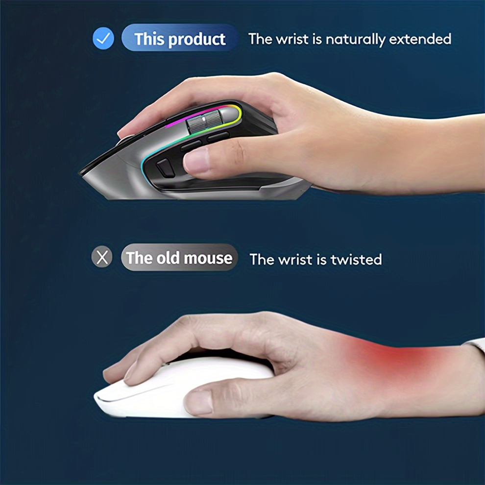 Ergonomic Dual Mode Gaming Mouse RGB 2.4Ghz Wireless Rechargeable Mouse for Multi Device