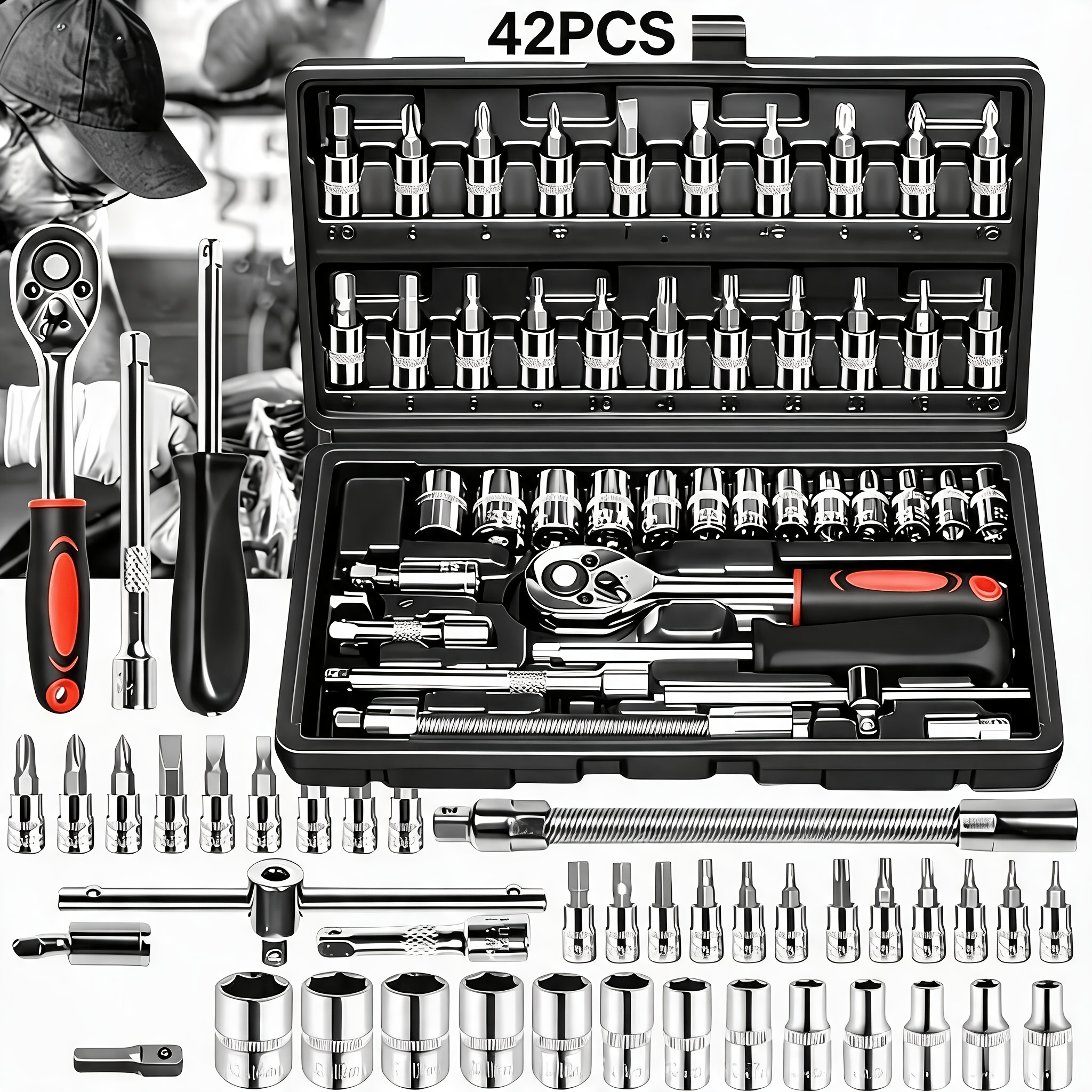 TEMU 42pcs Heavy-duty 1/4-inch Drive Socket Set, Including Quick-release Ratchet Wrench, Screwdriver Set, And Extension Bar With Socket Storage Case,
