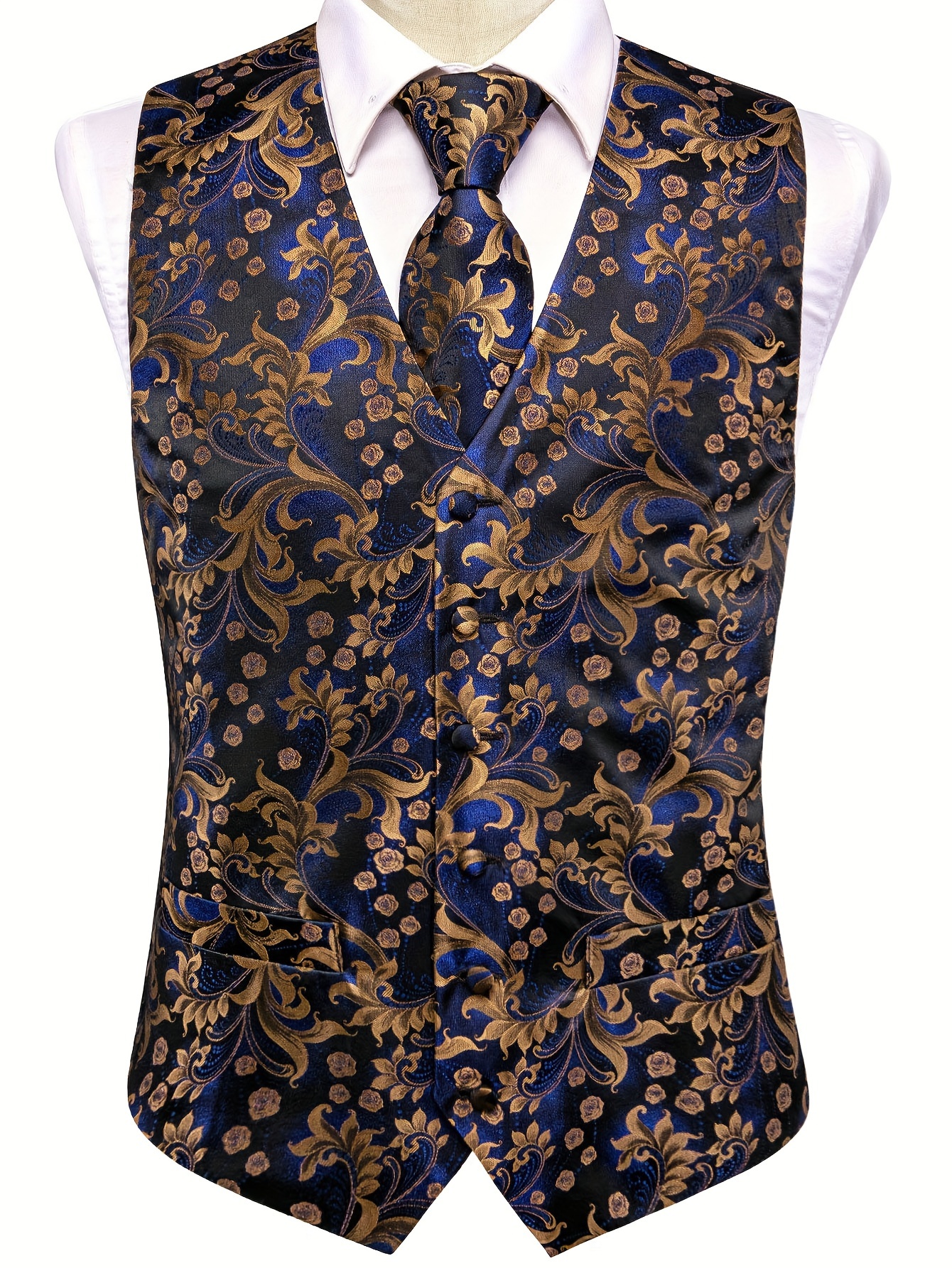 Men's Paisley Graphic Print V Neck Waistcoat & Necktie & Handkerchief & Cufflinks 4-piece Set For Party/wedding/formal Prom