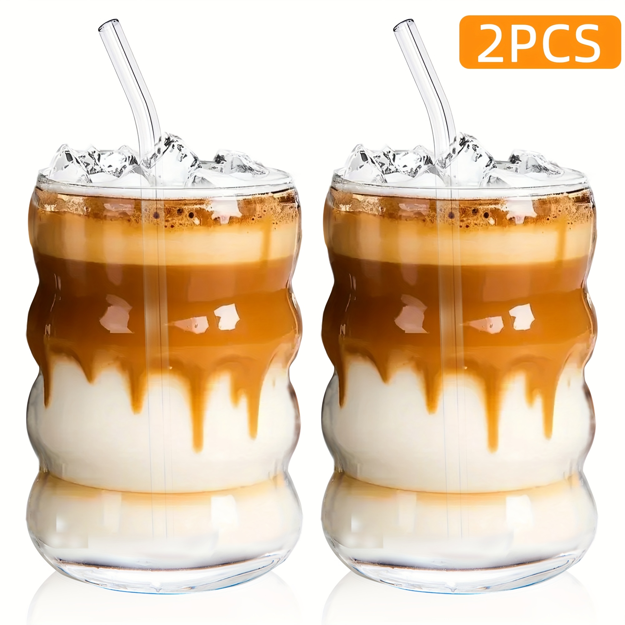 TEMU Adorable Ribbed Glass Cups With Straw, 16oz Wave Shape Ripple Glassware For Iced Coffee, Latte, Water, Matcha, Juice â Unique Drinking Glasses,