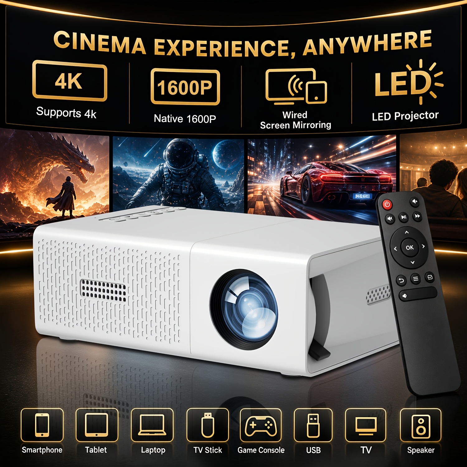 (1/2pcs Set) Native 1600P QHD Video Projector with Recording, 10MP Photo Capture, 80ANSI, Outdoor Portable Movie Mini Projector Compatible with Laptop, Smartphone, Indoor And Outdoor Home Theater