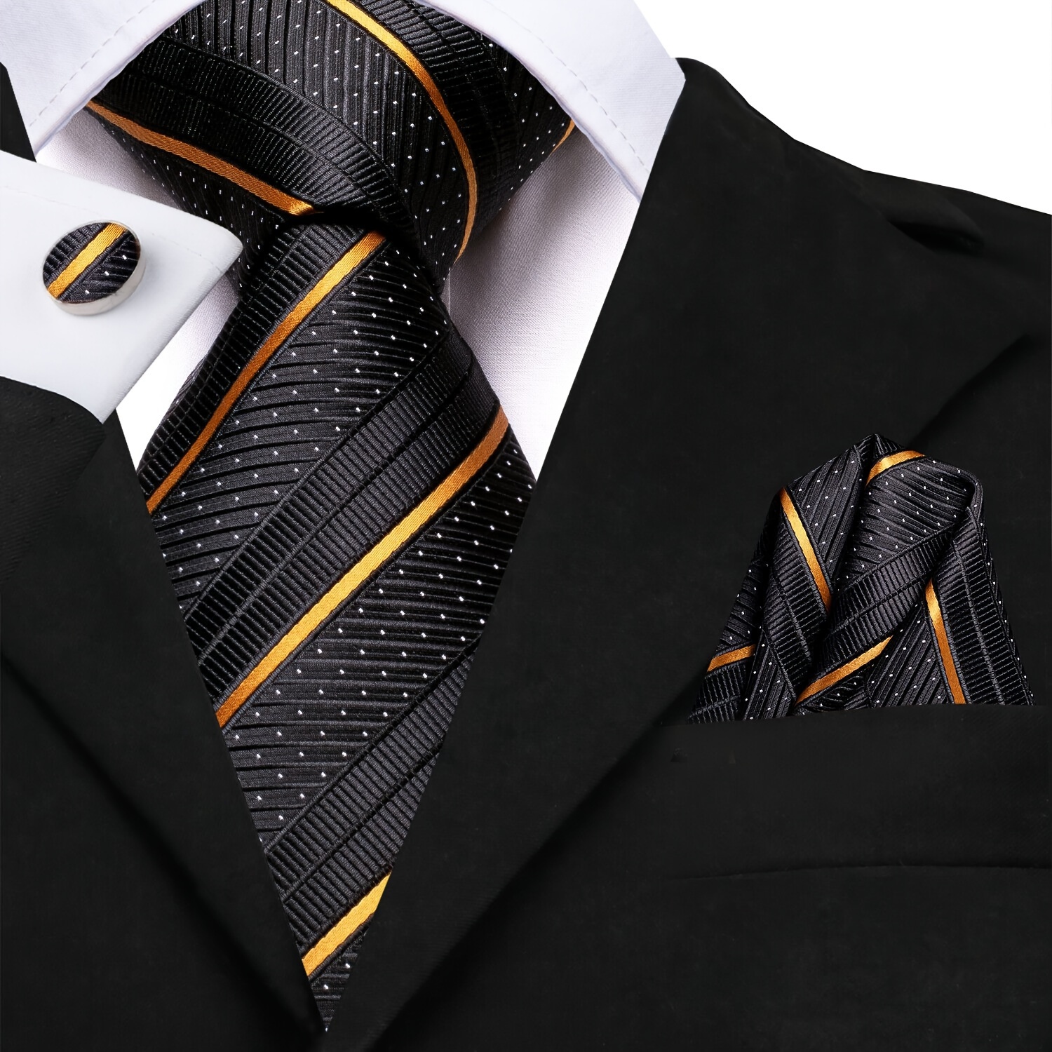 

1 Set Bussiness Golden Black Striped Silk Tie Set Wedding Formal Necktie Hankerchief Cufflinks Event Set