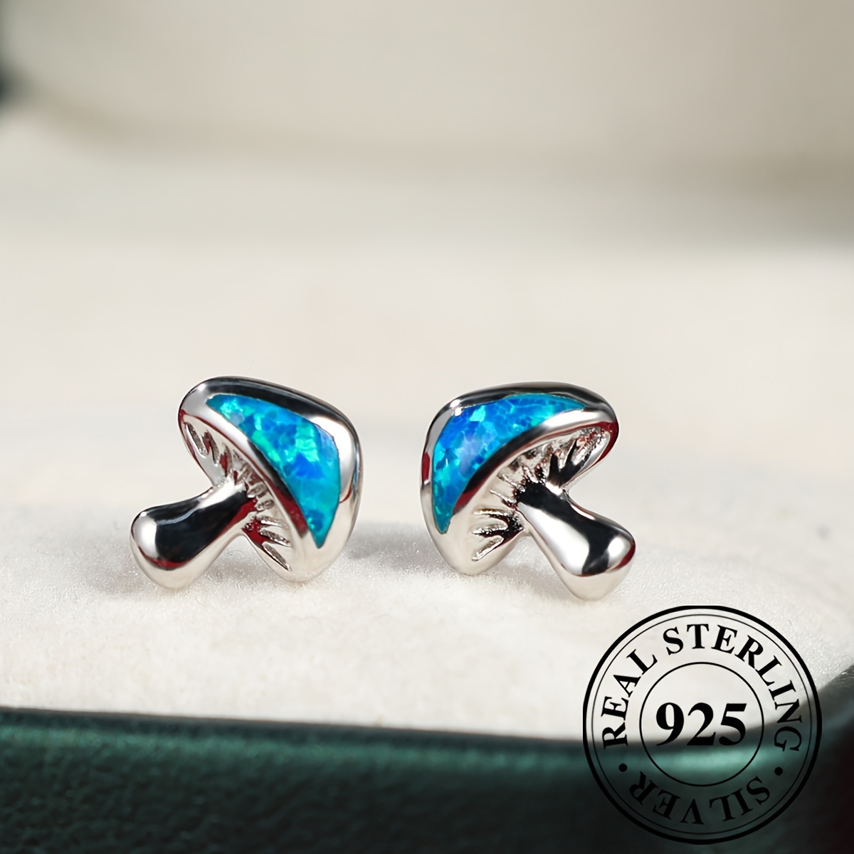 

Exquisite Tiny Blue Mushroom Design Stud Earrings 925 Sterling Silver Hypoallergenic Jewelry Opal Inlaid Personality Earrings