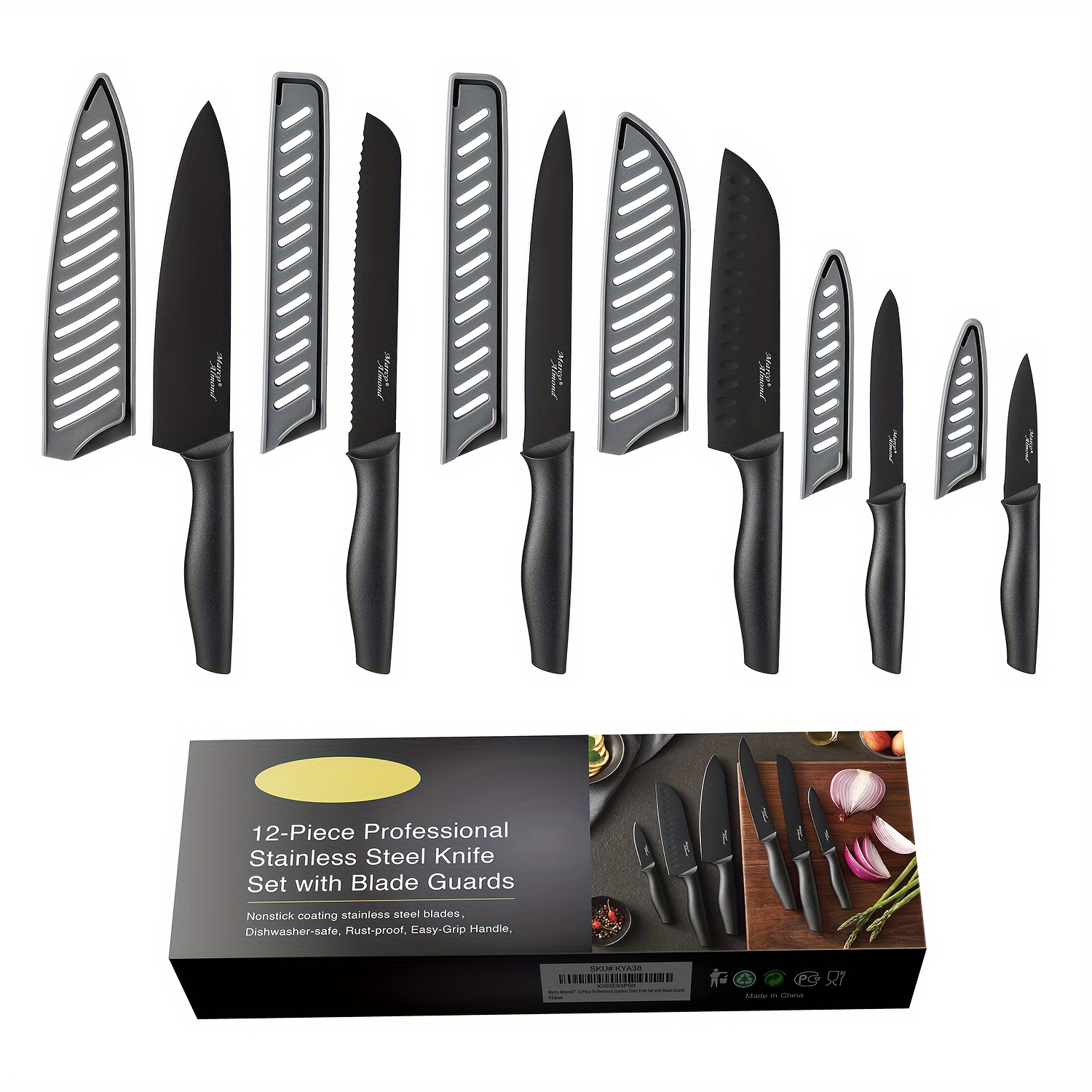 

Mtea38 Non-stick Coated High Carbon Stainless Steel Black Kitchen Knives Set With Sheath, 6 Piece Set, Dishwasher Safe, The Best Gift.