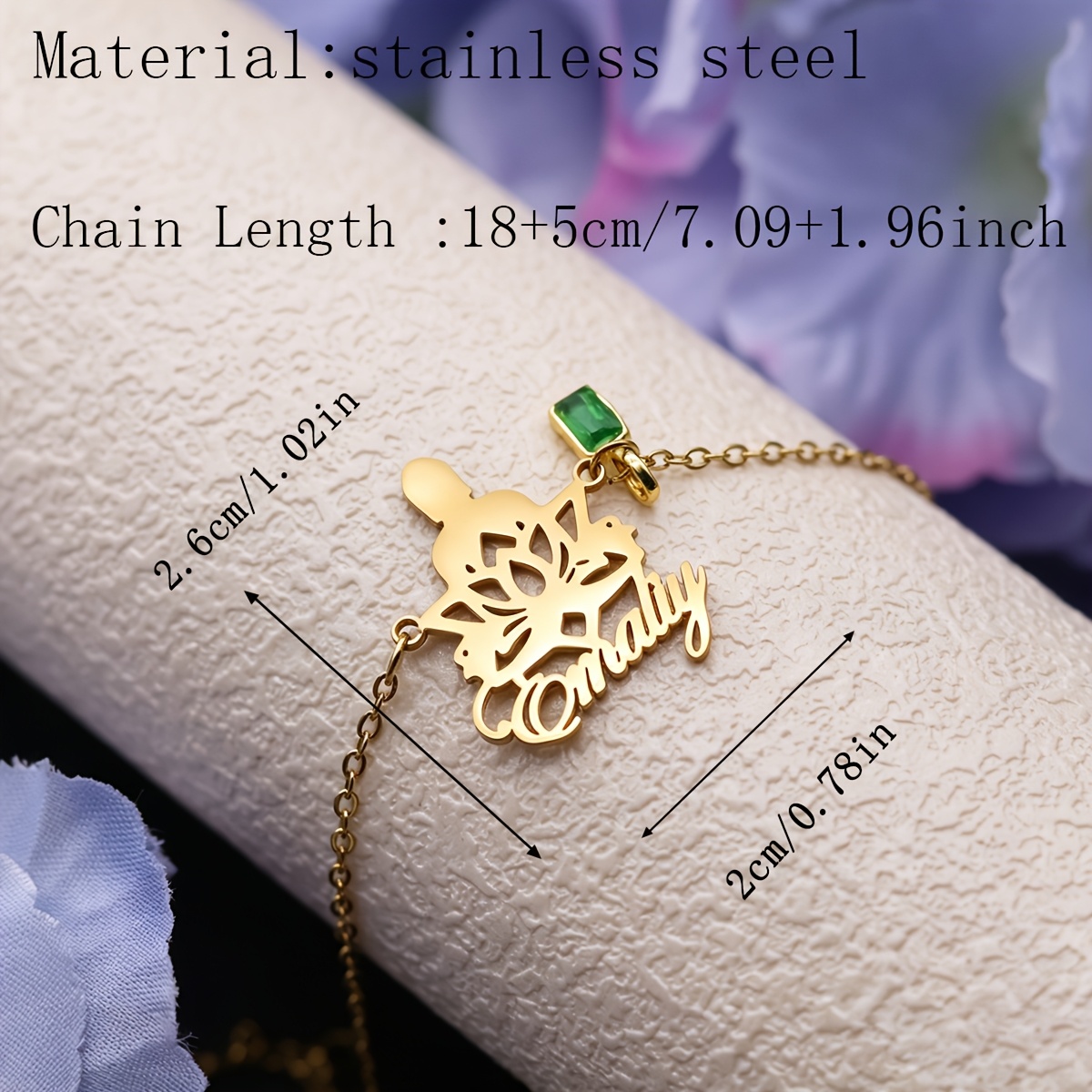 Custom Lotus Name Bracelet, Stainless Steel with Green Crystal