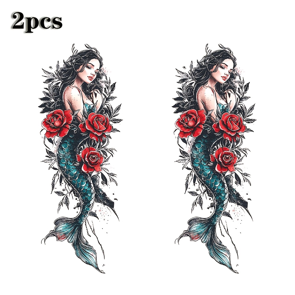 TEMU 2pcs Gothic Floral Mermaid Waterproof Temporary Tattoo Sticker Teal Mermaid With Red Roses Body Art Arm Leg Back Chest Fake Tattoos Sleeve For
