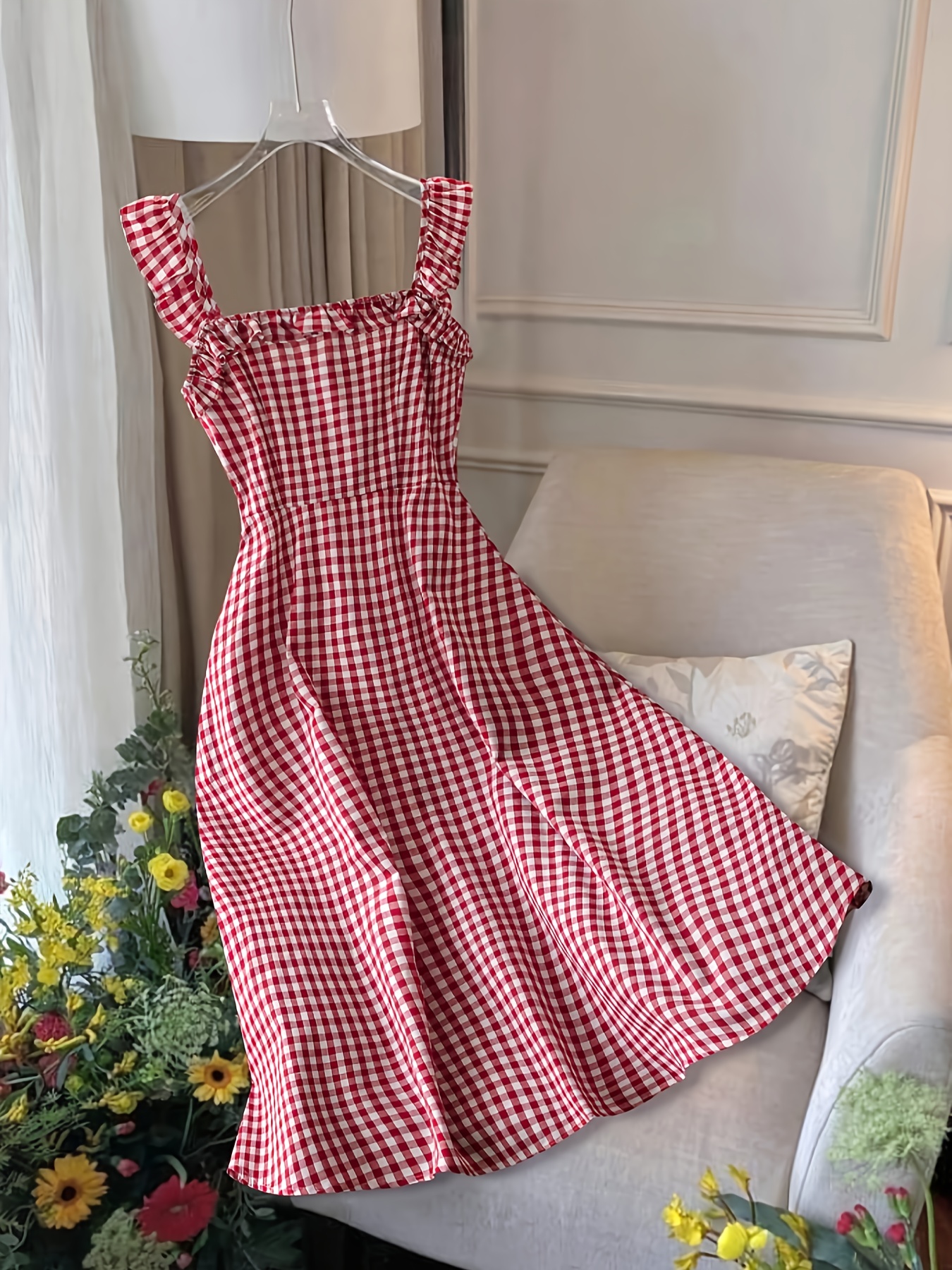 strapless open back dress Women's Pink Cotton Flared Stripes Square Neck Dress – Trendia main image 1