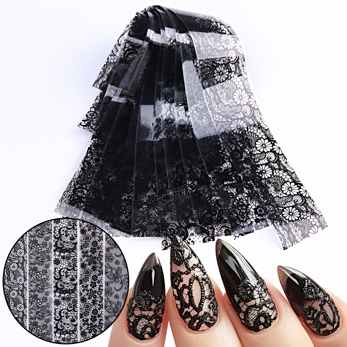 

1 Set Floral Lace Nail Art Transfer Stickers - Self-adhesive Plastic Nail Embellishments With Glitter, , Geometric Patterns, Single Use, For Diy Nail Salon Decoration