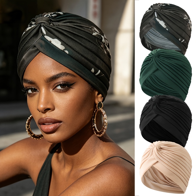 TEMU 4pcs Printed Solid Color Women's Brimless Hat Set, Multiple Colors Available, Suitable For Daily Use, Headscarf Hat