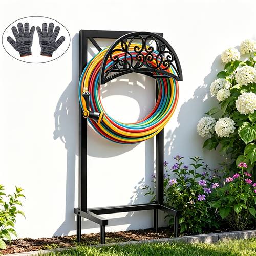 item picture heavy duty metal garden hose holder outdoor freestanding hose rack hose not included with gloves rust resistant design with spikes for stability easy assembly for yard lawn patio garden backyard outdoor decor hose not included