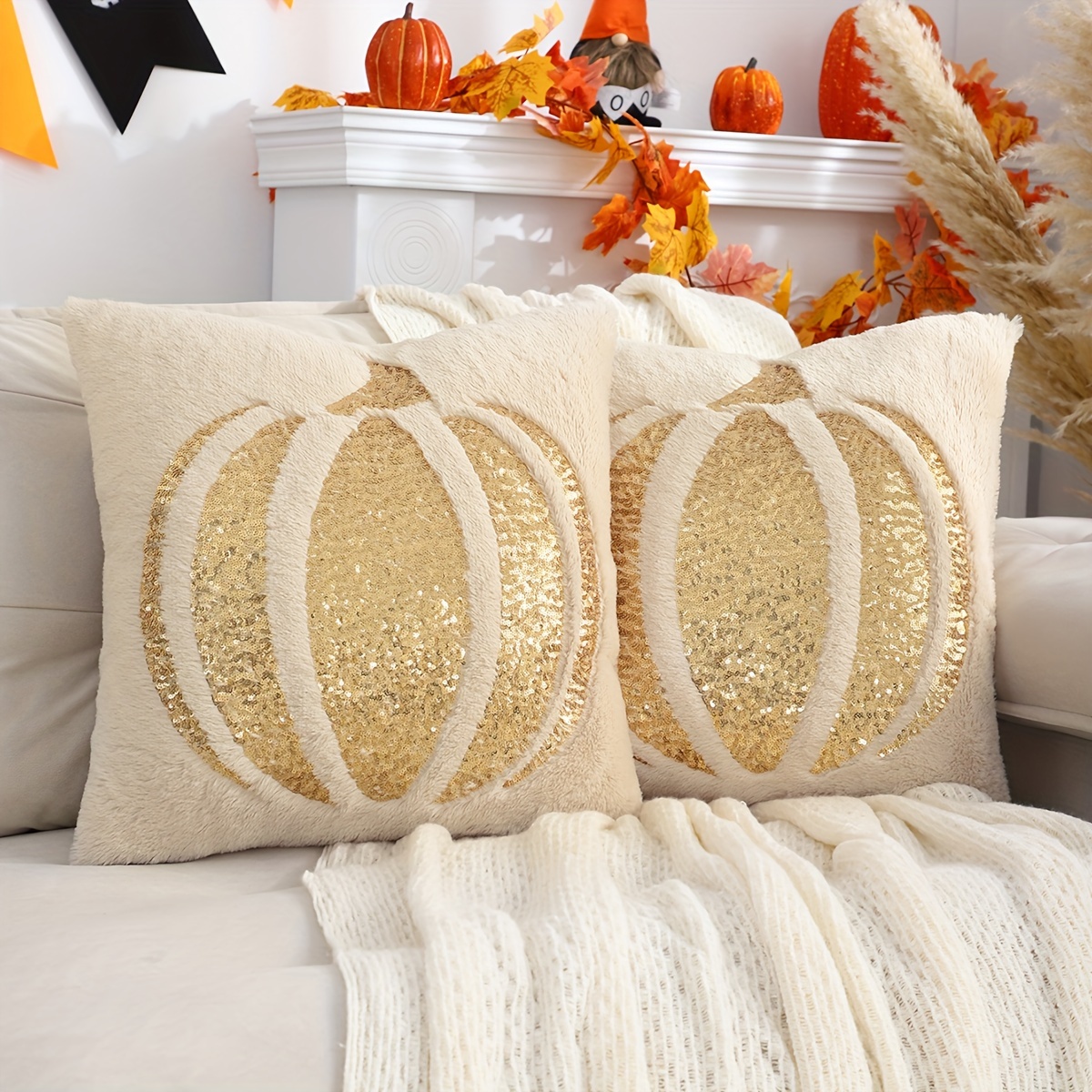 2pcs Halloween Decorative Pillowcase, Pumpkin Autumn Winter Plush Sequin Embroidery, 18x18 Inches
