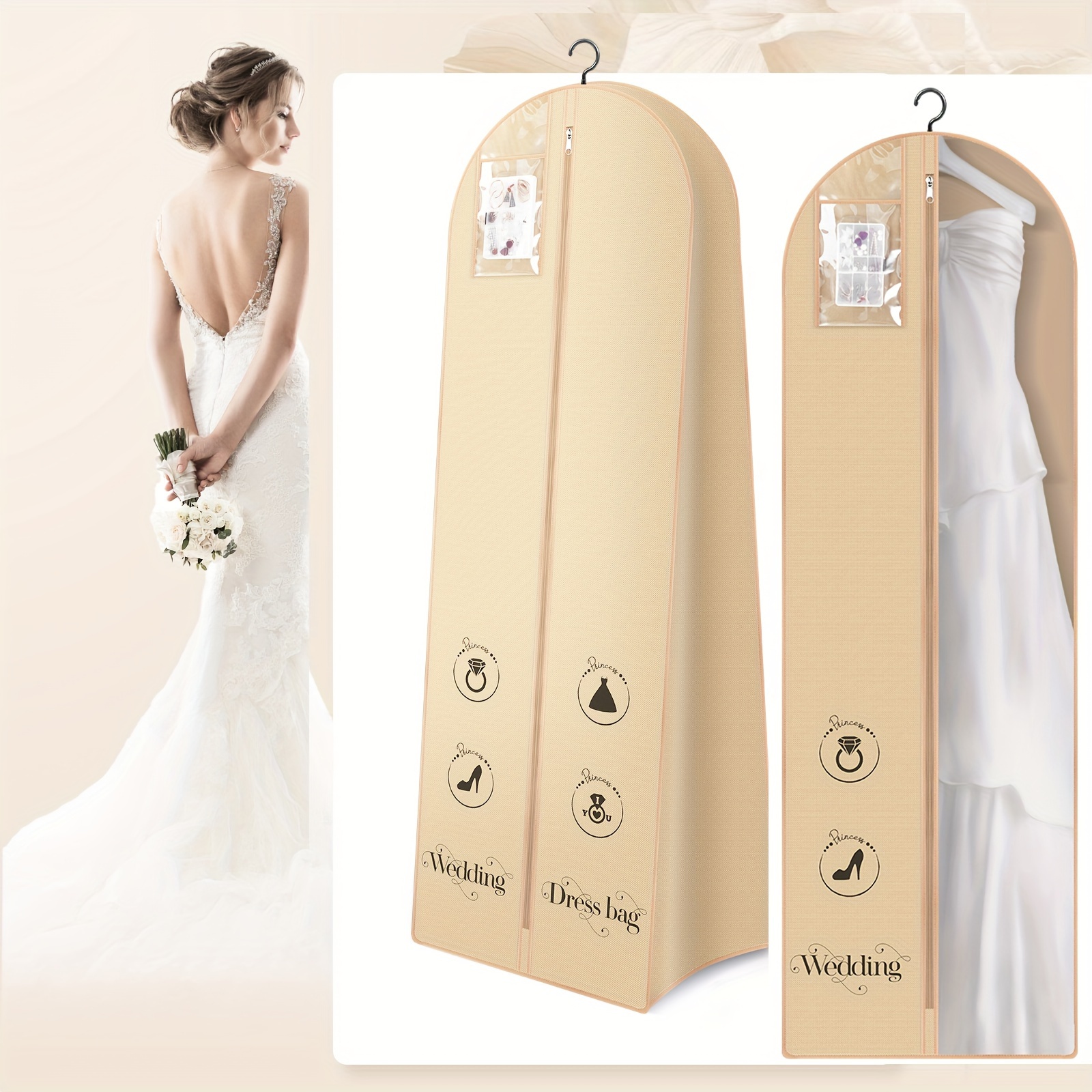 Fabric Wedding Dress Garment Bag 1pc Dust Cover Hanging Storage Organizer  with Non-Woven Polypropylene Material for Bridal Gowns, Closet Wardrobe