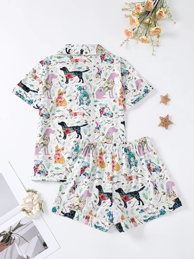 womens 2pcs pajama set cute dog floral jersey knit fabric short sleeve with lapel collar elastic loose shorts animal pattern 95 polyester 5 elastane m Product details 3