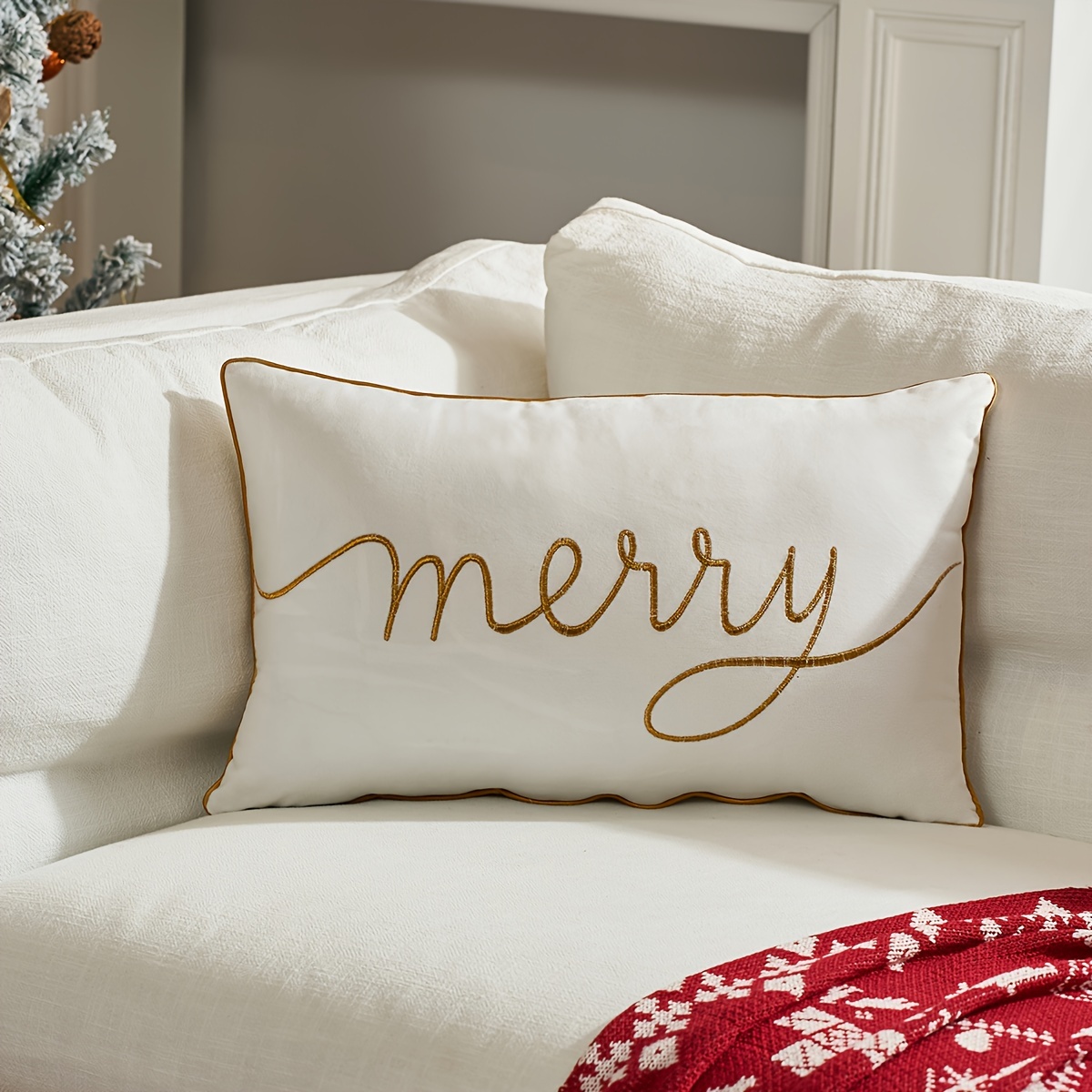 1pc Christmas Embroidery Throw Pillow Cover 12x20 Inch, Golden Christmas Dec Velvet Pillowcases Forest Green Christmas Tree Cushion Pillow Cases Soft Lumbar Holiday Pillowcase