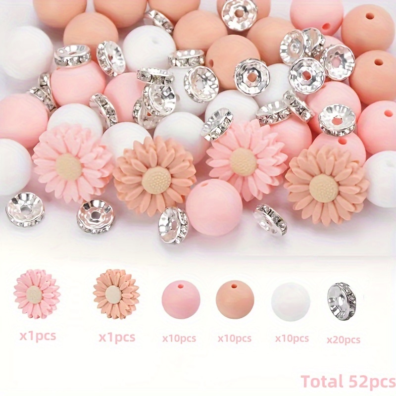 E-shop 52 Stk. Silikon-Gürtel & Sonnenblumen-Strassperlen - 12mm Runde Funkelnde Charm-Perlen mit Blumendesign für Schmuckherstellung, DIY-Basteln,