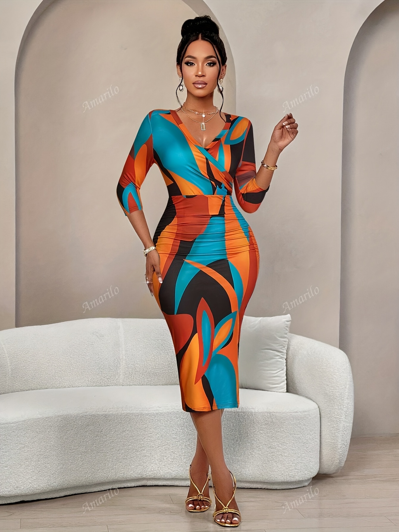 Women'S Autumn And Winter Fashion Floral Print Crossover Wrap Seven-Sleeve V-Neck Bodycon Dress