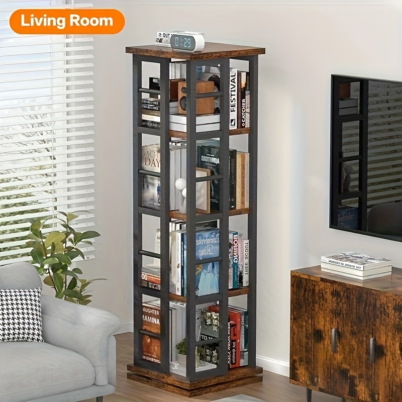 

Rotating Bookshelf With Metal Frame, 360 Display Wood Revolving Bookcase, 4-tier Corner Bookshelf With Storage, Floor Standing Bookshelf For Living Room, Office