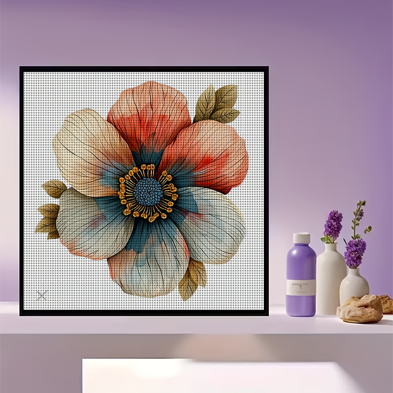 Cross-Stitch Printed Kit, Watercolor Red Blue White Flowers Pattern