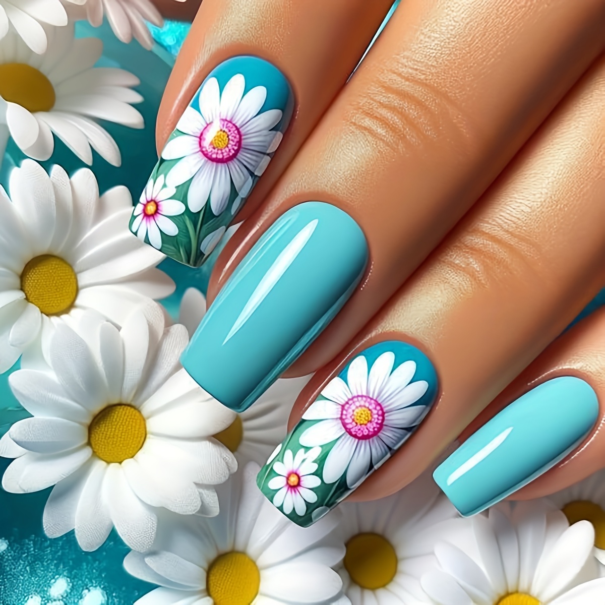 48pcs Medium Square Press On Nails Featuring Daisy Design, Includes 2 Jelly Glue And 2 Nail File. Perfect For Summer Parties, Dancing, And Daily Wear Removable And Reusable