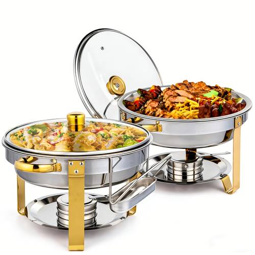2pcs 4pcs round chafing dishes for buffets featuring glass lids a set of buffet warmers made from mirror polished stainless steel designed with a rolled rim stackable design and a lid holder