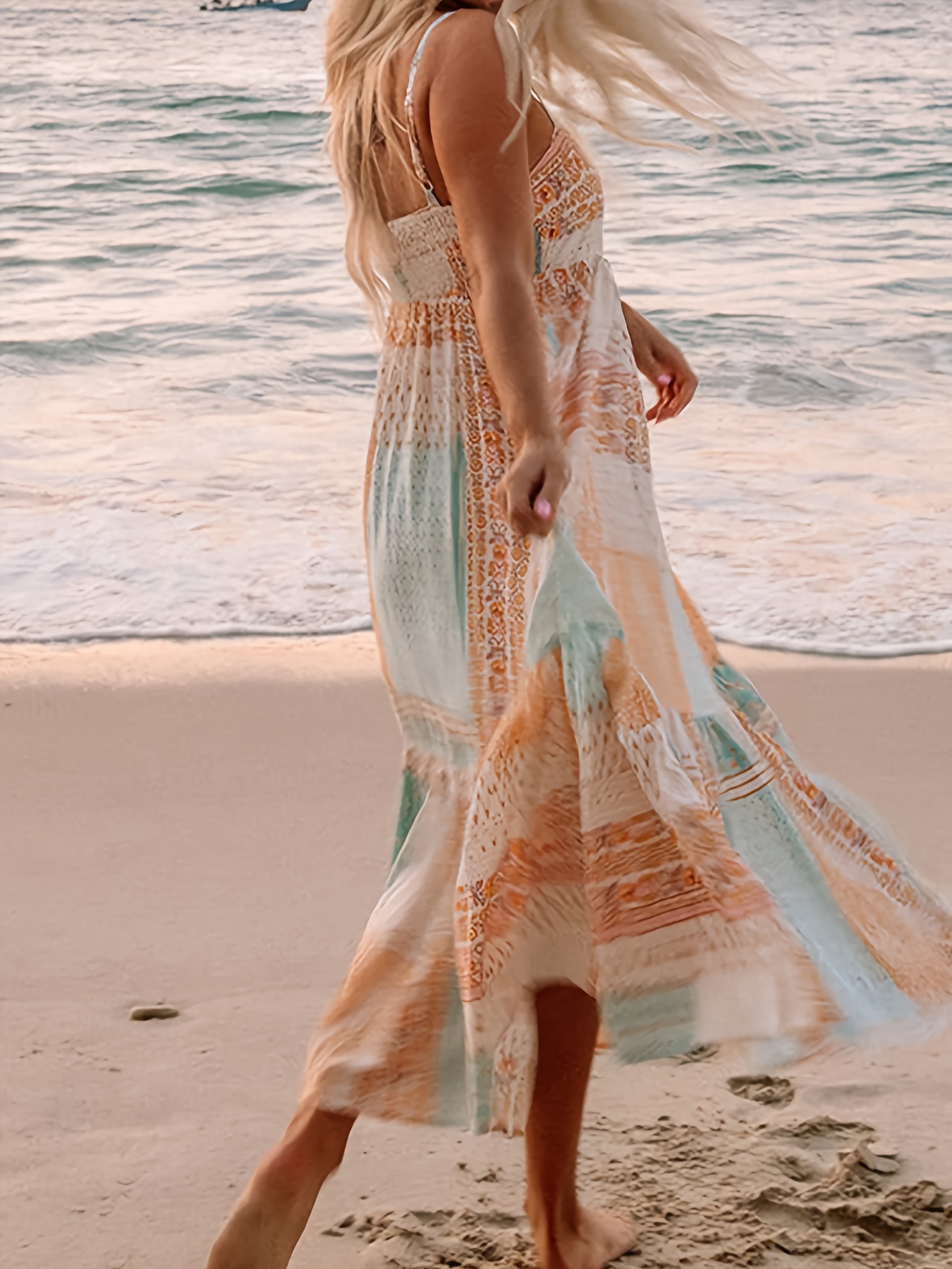 womens bohemian print maxi dress shoulder sleeveless long Temu