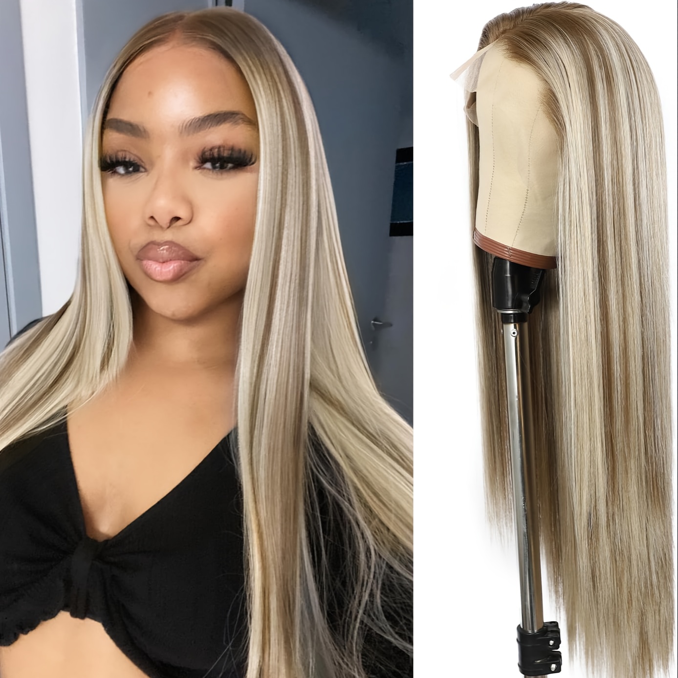 ombre blonde straight wig mixed brown blonde color lace  display picture 1