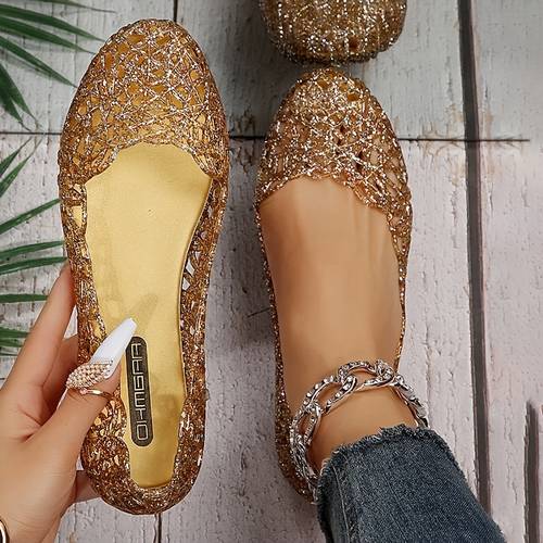 damesschoenen met fonkelende strass accenten - zachte comfortabele jelly schoenen, antislip tpu & ademend visnet design voor casual buitengebruik, draagcomfortabel dagelijks , flexibel schoeisel, platte schoenen, lichtgewicht, slipbestendige zomerschoenen