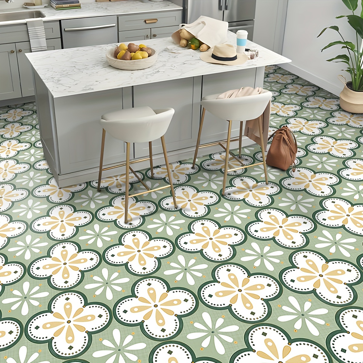 

12pcs Green Portuguese Floral Tile Stickers - Easy , Non-slip, Waterproof Home Decor For Kitchen, Living Room, Bathroom - In 3 Sizes (5.91", 7.87", ")