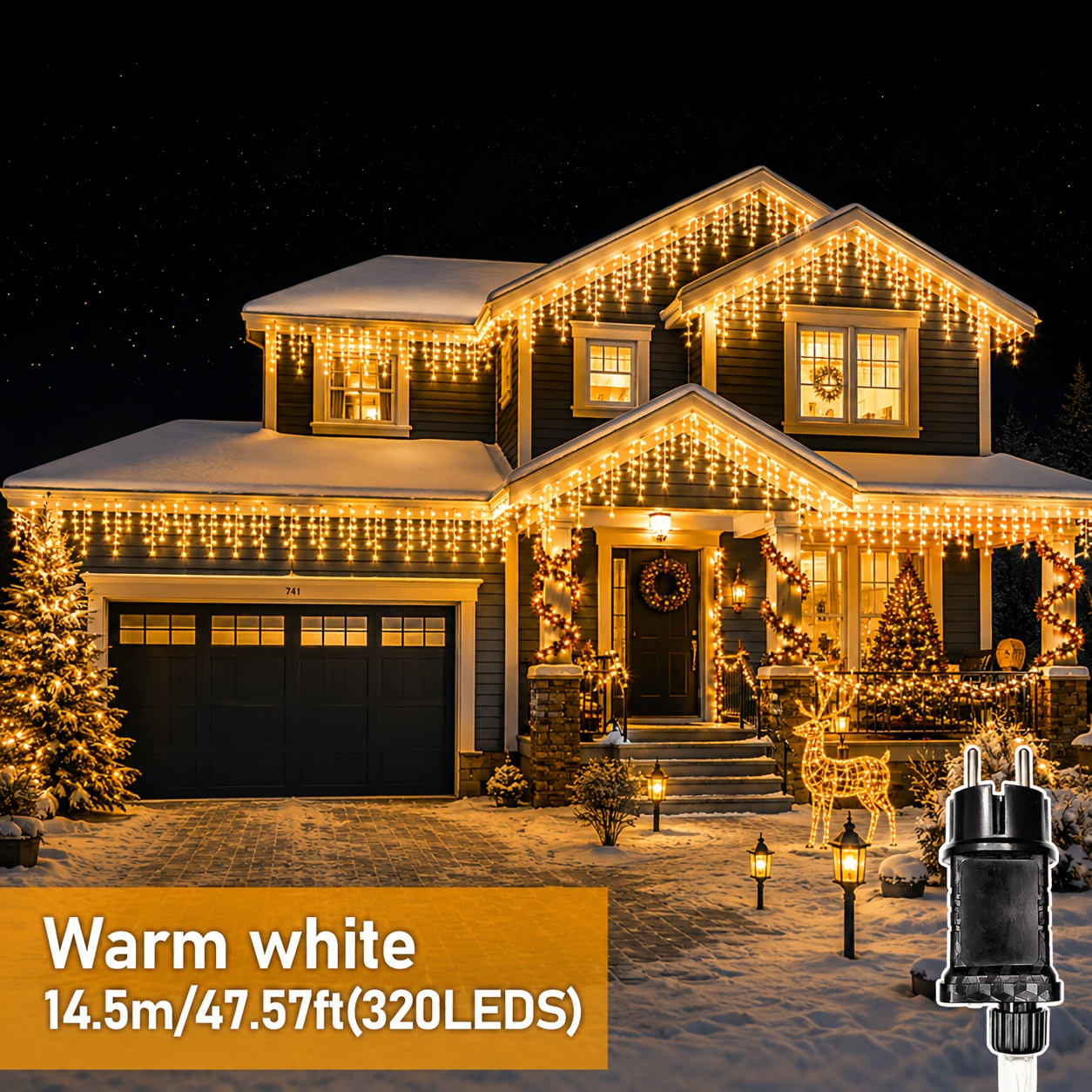 TEMU 1pc Led Icicle Waterfall String Lights, Ip44, Outdoor Decorative String Lights, Warm White/cool White/multicolor, Suitable For Roofs, Gardens,