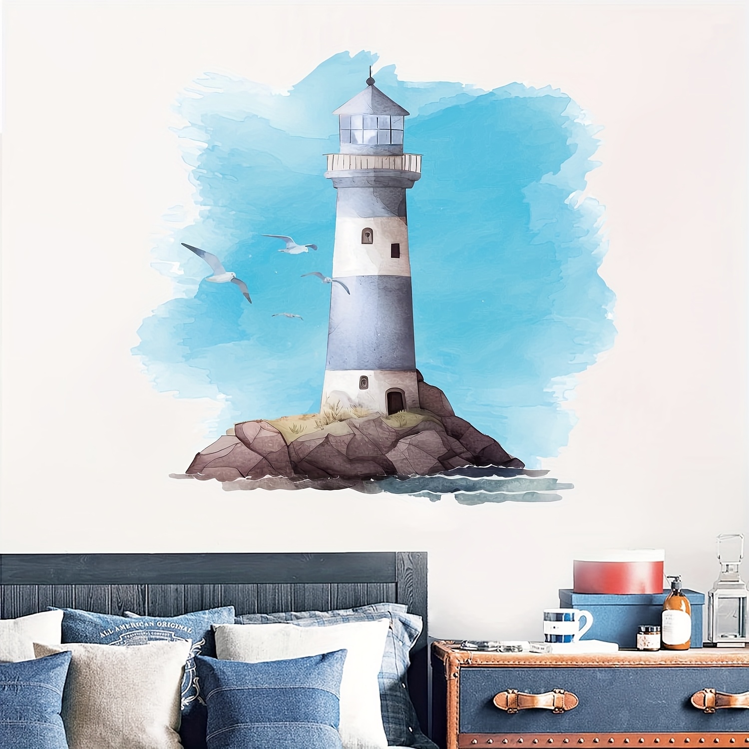 Image of Wall Stickers Lighthouse, Self-adhesive Bathroom Decor, Blue Wall Decals, Bathroom Stickers, Seagull Mural, Toilet Tile Stickers, Adhesive Film, Living Room, Bedroom Decoration