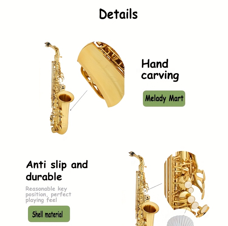 Professional Eb Alto Saxophone, Brass Material, Suitable for Performance and Exam Grading, Full Tone and Stable Intonation. Ideal for Adults, Students, Bands, Teaching, and Performances. Includes Instrument Bag, Gloves, Thumb Pad, 16 Replacement