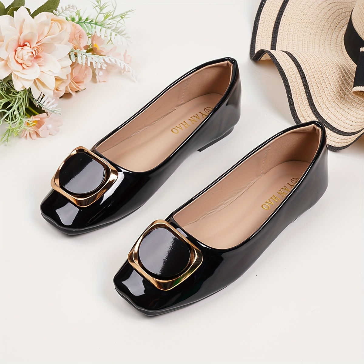 minimalist square toe flats solid color patent slip shoes