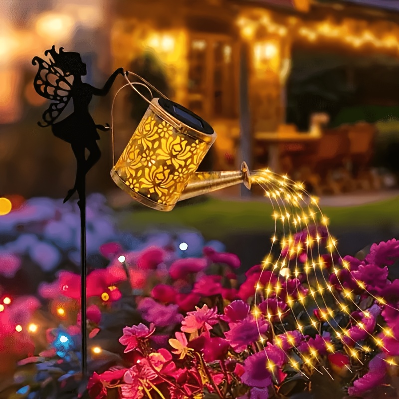 TEMU Solar Fairy Waterfall Lamp Metal Kettle Garden Decoration With 36 Led Flowing Lights, 600 , Ideal For Patios, Lawns, And Outdoor Solar Stake
