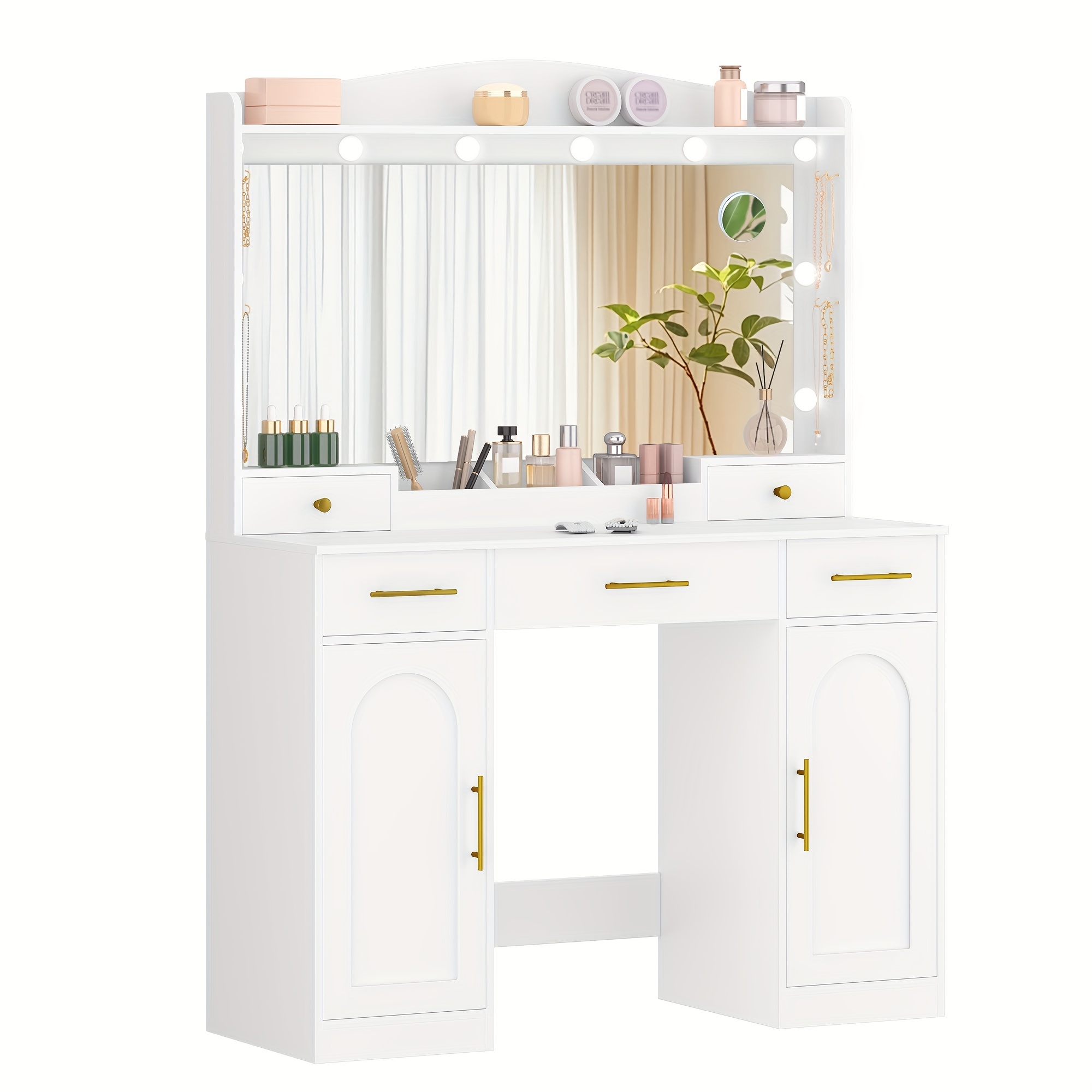 Dressing Table With Hd Large Mirror, 3-color Adjustable Led Lights, 5 Drawers And 2 Storage Cabinets, Open Storage, Bedroom, 40 X 108 X 149 Cm, White