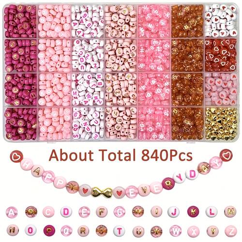 300/840 stück pinke, rote, weiße, goldene buchstabenperlen und herzförmige acrylperlen kombi-set - schmuckherstellungs-set - für schmuck, handgefertigtes armband, halskette bastelbedarf