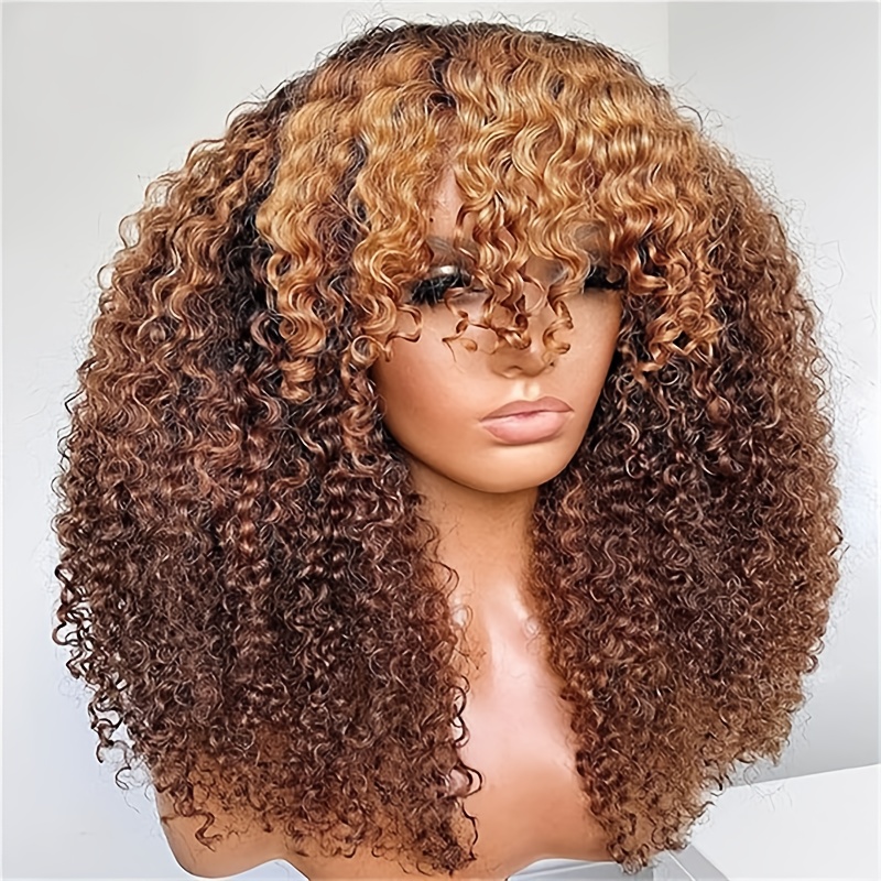 Image of -inch Long Soft Ombre Golden Wig With Bangs, Featuring Kinky Curls And Density. A Lace Front Wig With A Pre-plucked Hairline, Ideal For Everyday Use By Women, Measuring 13x4x1