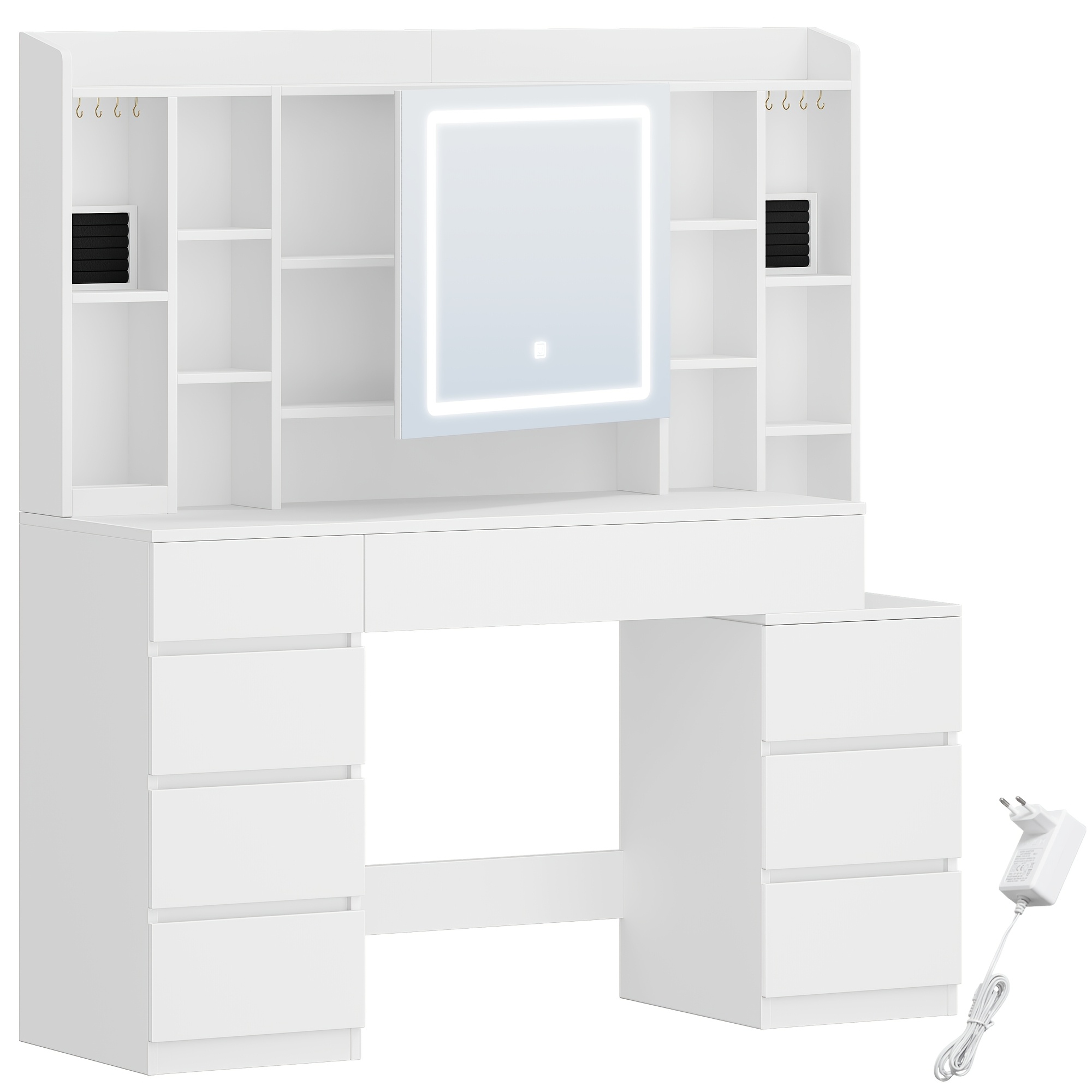 Image of Vanity Table With Mirror, Large Mirror, Dressing Table With 8 Drawers And 11 Open Compartments, Integrated Jewelry Tray, 40 X 120 X 141 Cm