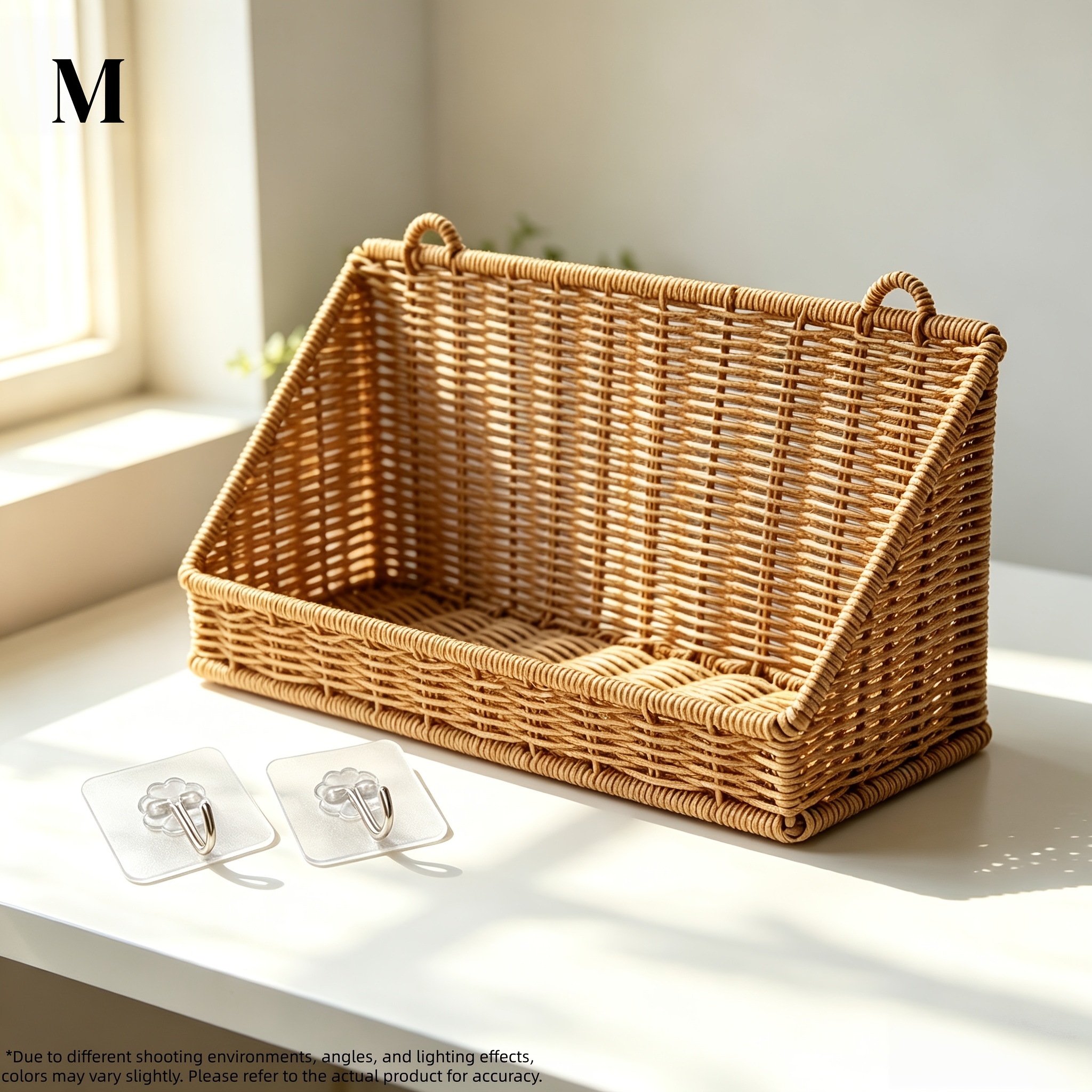 TEMU Panier mural en rotin tissé à avec ouverture inclinée et crochets perçage - Suspension renforcée pour rangement à , étagère en osier plastique