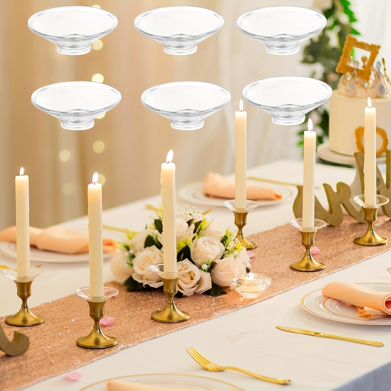 Image of 6pcs Glass Candle Holders With Anti-drip Rings - Reusable Candle Protectors For Weddings, Home Decor, Christmas & Holiday Table Settings, Birthdays