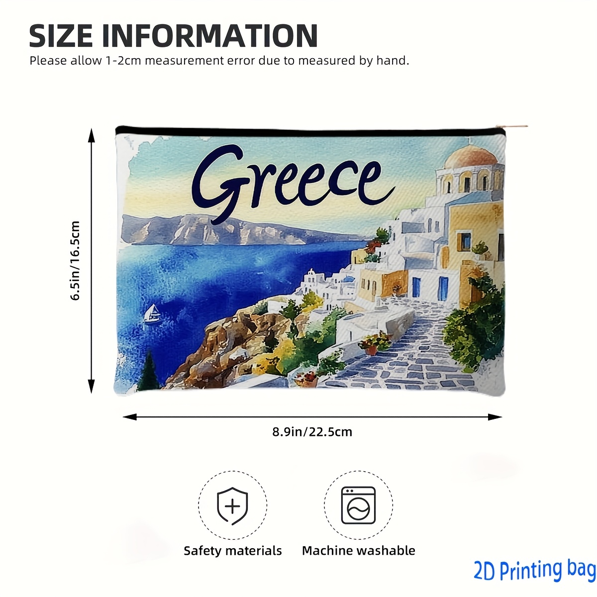 TEMU 1pc Greece Watercolor Cosmetic Bag - Blue White Yellow & Design, Durable Polyester Travel Toiletry Pouch For Souvenirs, Home Decor, Gift ,