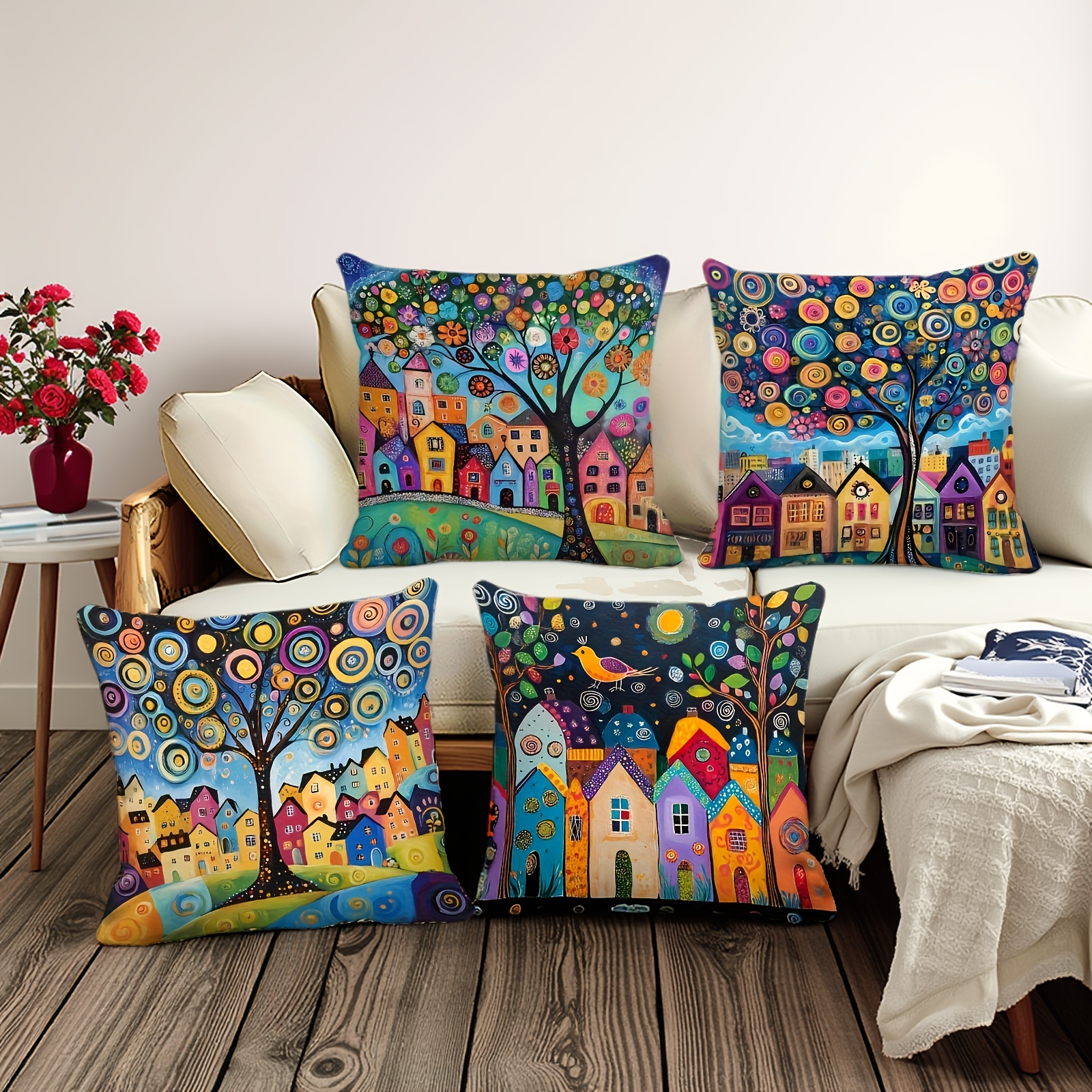 TEMU Set Federe in Poliestere Stile Tradizionale Campagna Astratta e - Solo Lavaggio a , Chiusura con Cerniera, Copricuscino Decorativo per Casa,
