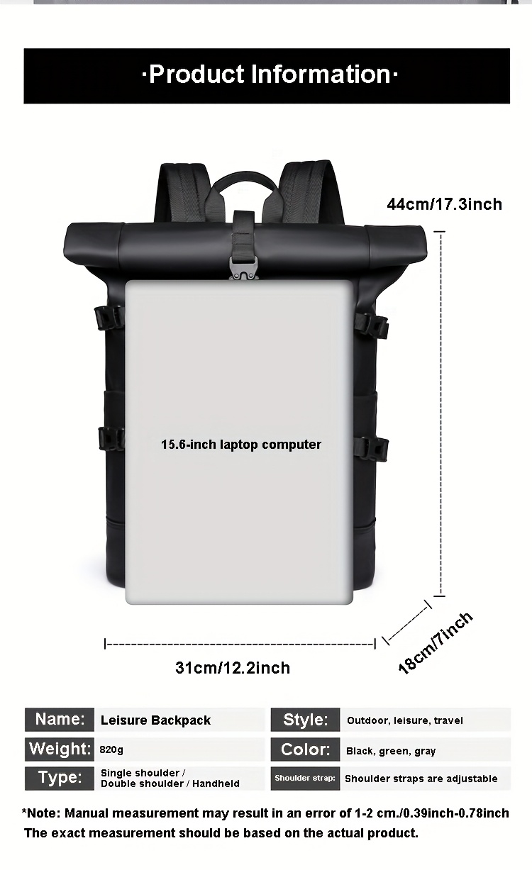 Unisex Outdoor Large Capacity Backpack for Travel And Sports, Roll-Top Laptop Bag, Stylish Casual Backpack for Men