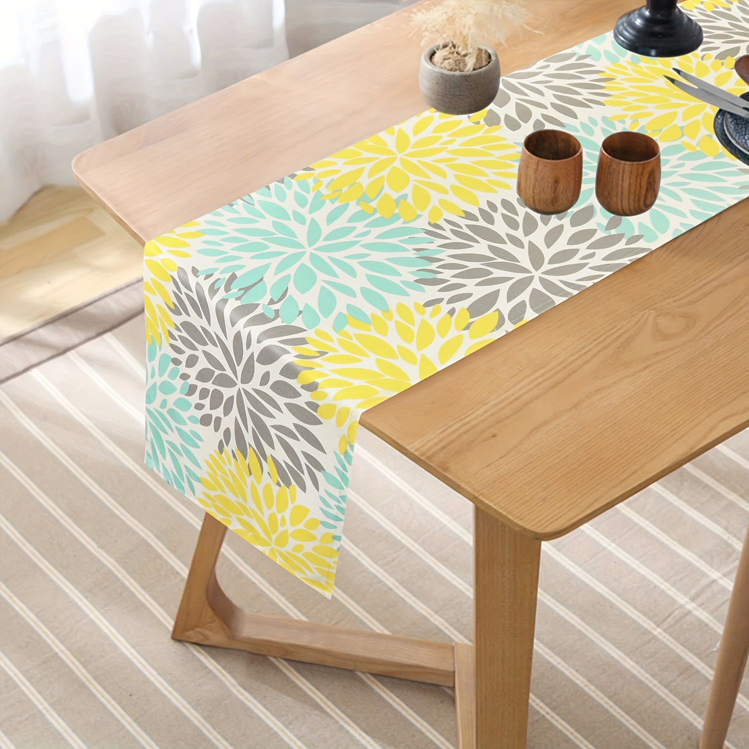 Dahlia Pinnata Table Runner Yellow Gray Print Flower Printed Temu