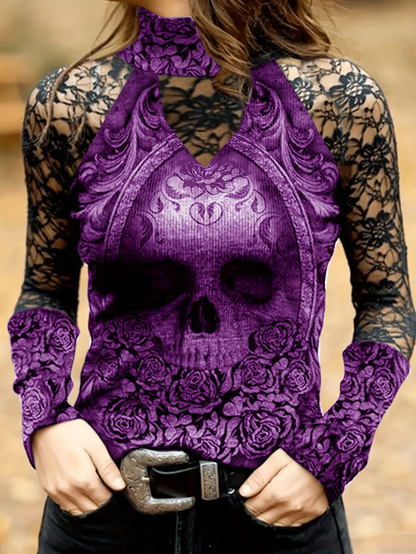 women's casual floral skull print t shirt black lace overlay