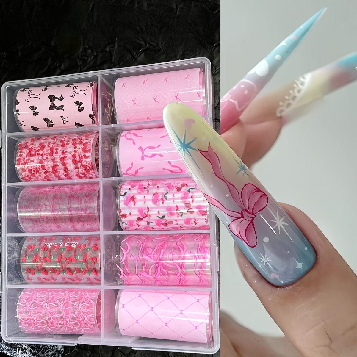 Image of 10pcs/box Cherry Bowknot Print Nail Art Foils Transfer Stickers Nail Foils Adhesive Decals Nail Supplies Laser Starry Manicure Additions For Women Nail Art Decorations